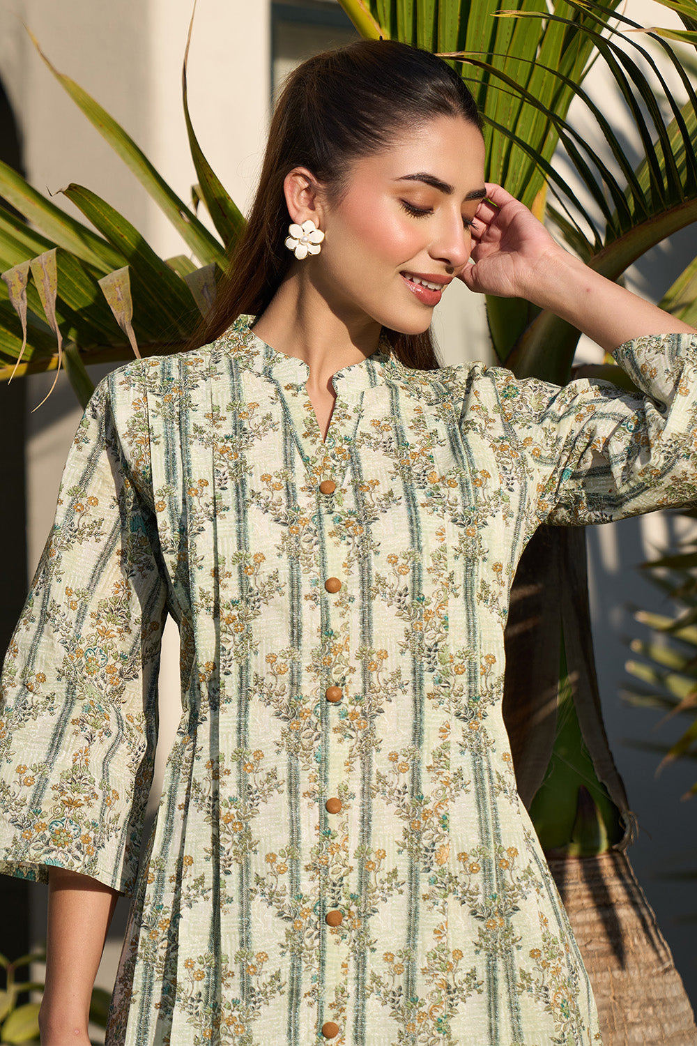 Pista Green Floral Printed Cotton Long Kurta Set