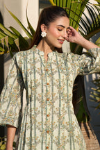 Pista Green Floral Printed Cotton Long Kurta Set