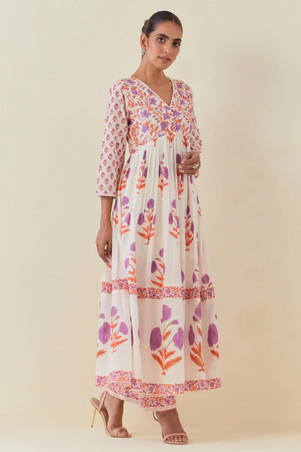 White Color Cotton Floral Printed Anarkali Suit with Palazzo,