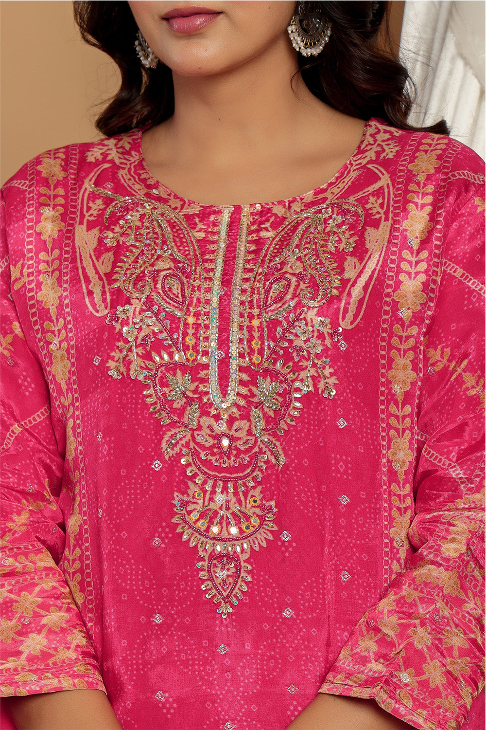 Magenta Pink Chanderi Silk Printed Straight Suit