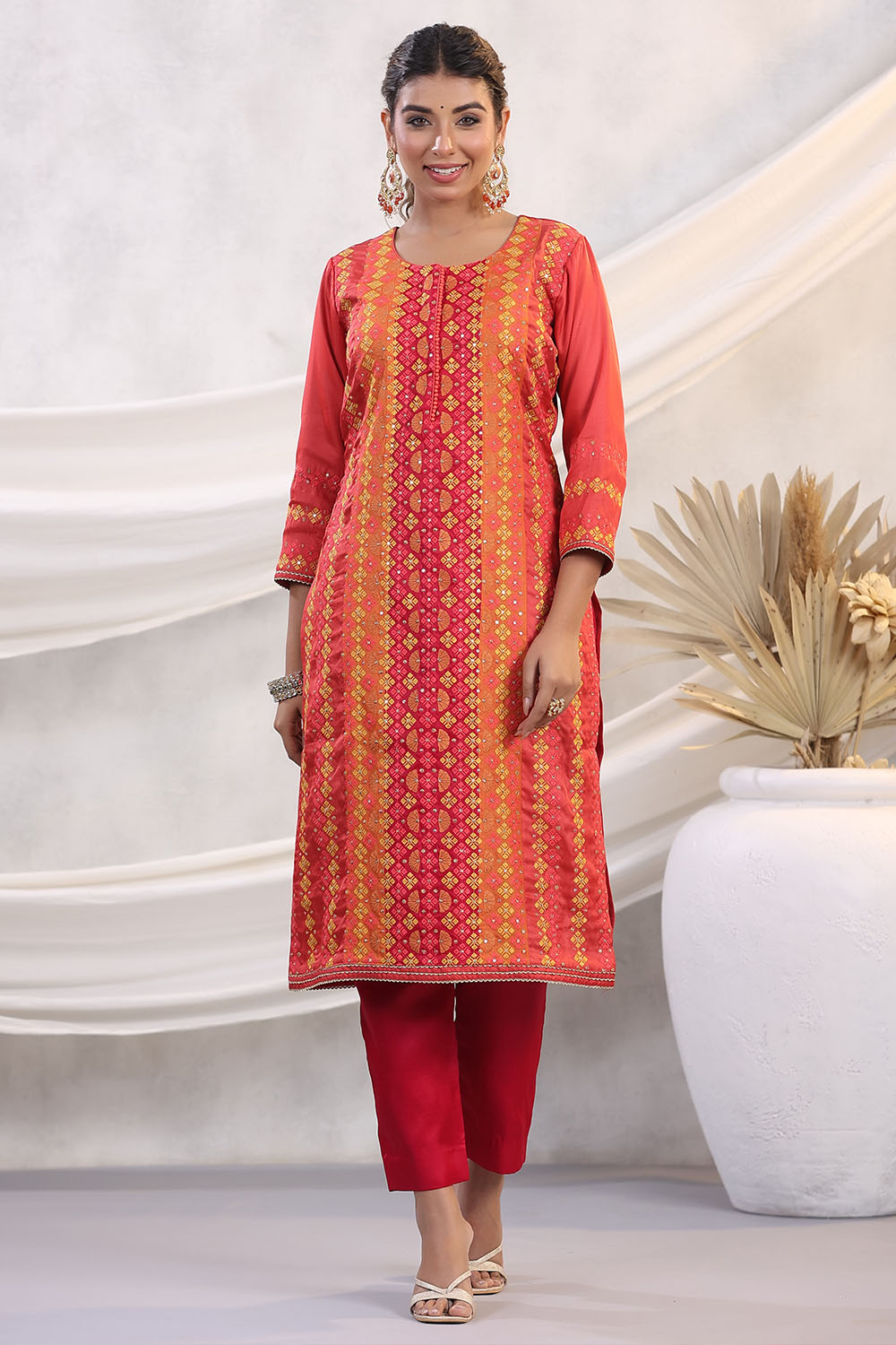 Coral Color Embroidered Silk Unstitched Suit Fabric