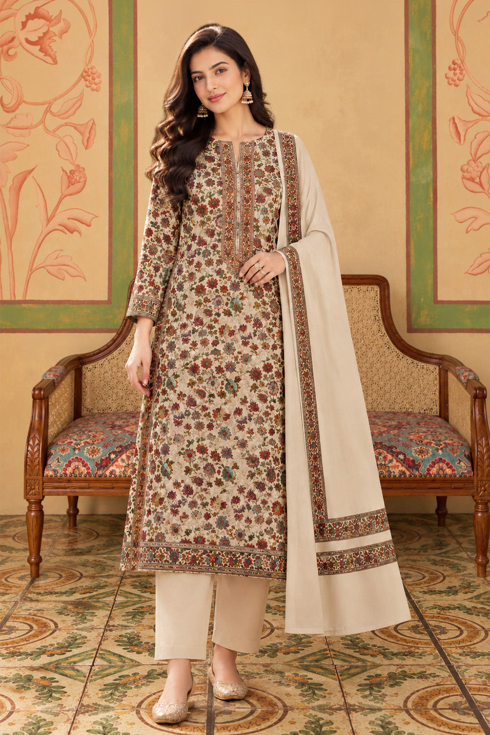 Cream Floral Resham Woven Pashmina Unstitched Suit Fabric