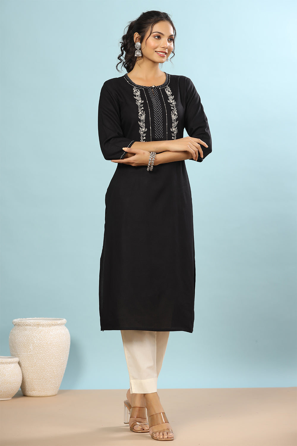 Black Color Cotton Embroidery Kurta