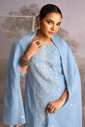 Powder Blue Color Cotton Resham Embroidered Suit