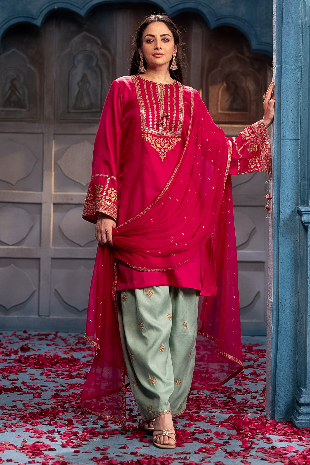 Cherry Red Sequins And Zari Embroidered Silk Suit Set