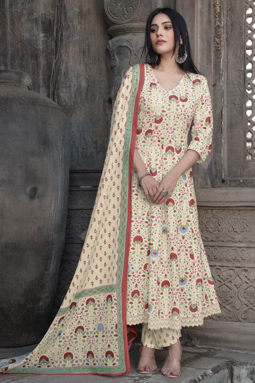 Cream & Maroon Cotton Floral Printed Floor Lenght Anarkali Suit
