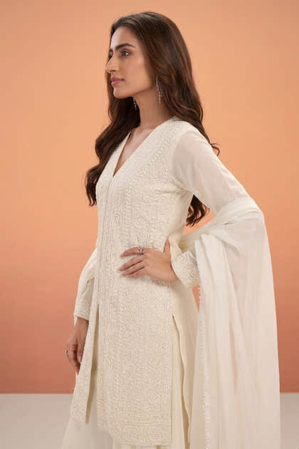 Cream Crepe Silk Embroidered Suit With Palazzo