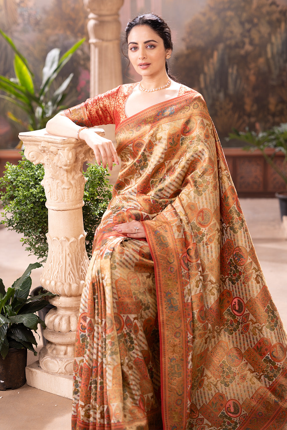 Beige Colour Position Print Woven Silk Saree