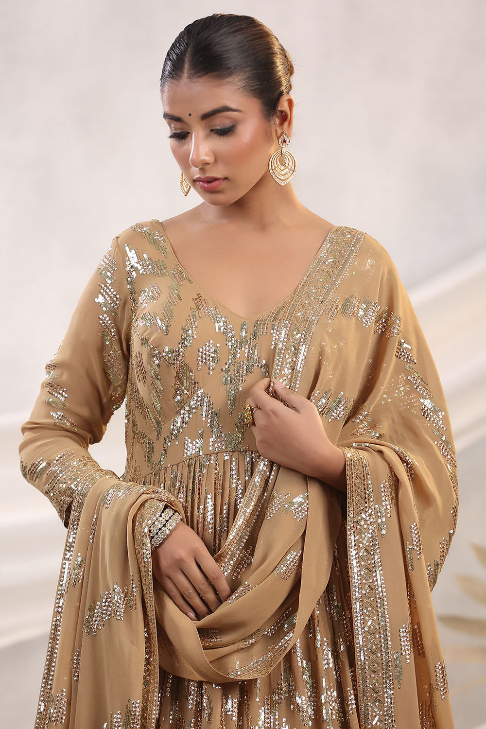 Fawn Color Georgette Sequins Embroidered Floor Length Anarkali Gown with Dupatta