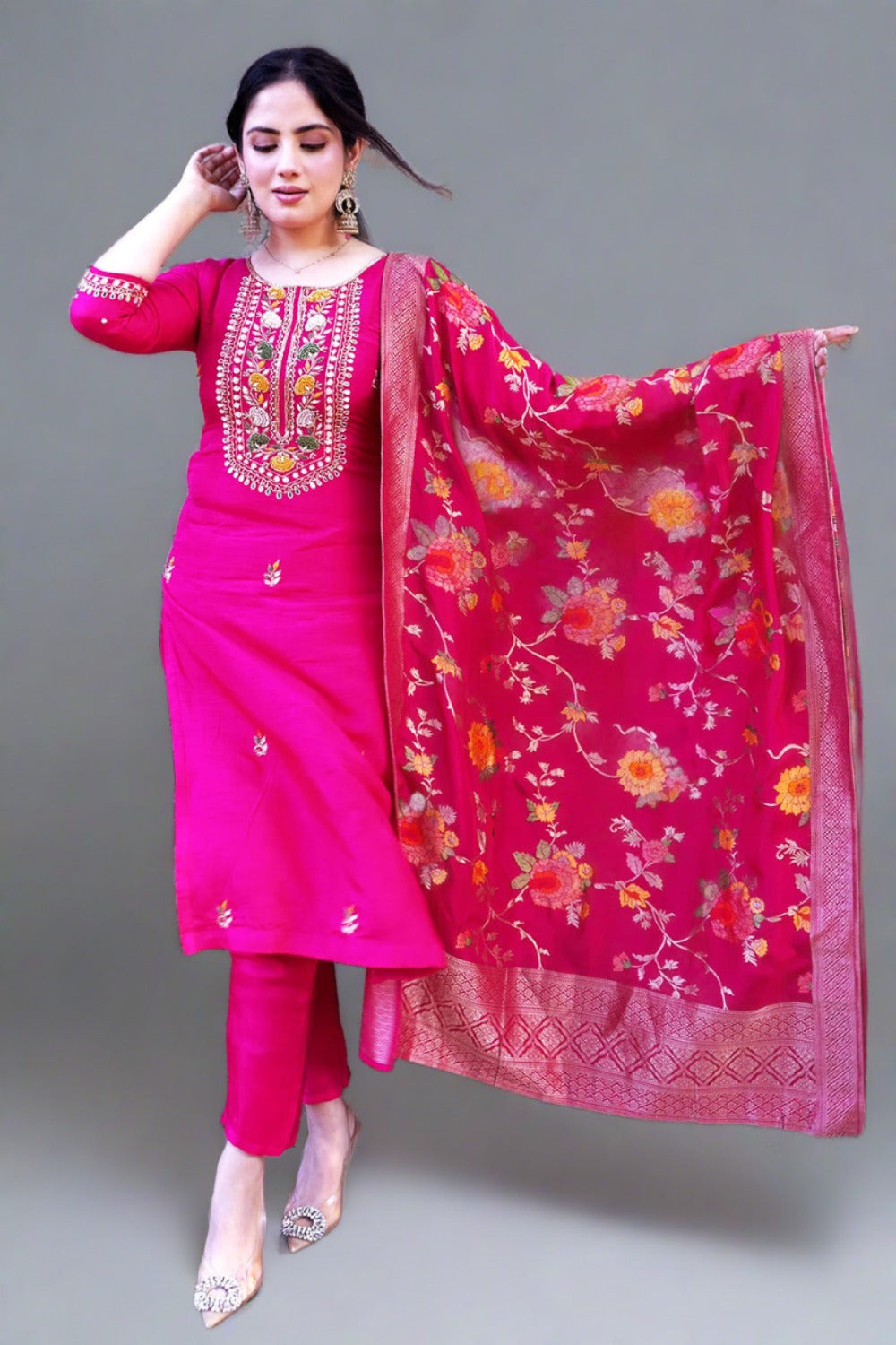 Fuchsia Pink Color Neck Embroidered Silk Straight Suit