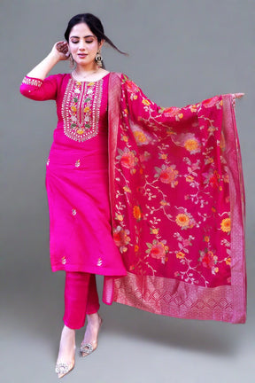 Fuchsia Pink Color Neck Embroidered Silk Straight Suit