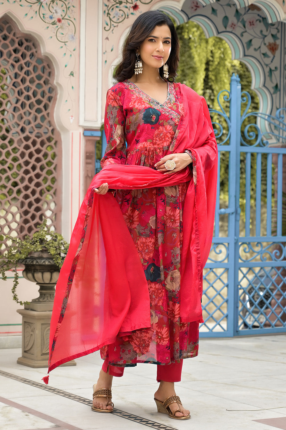 Red Color Crepe Printed Suit