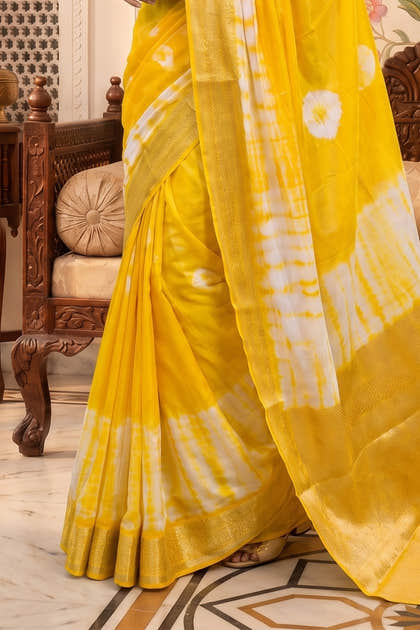 Yellow Georgette Shibori Printed Saree