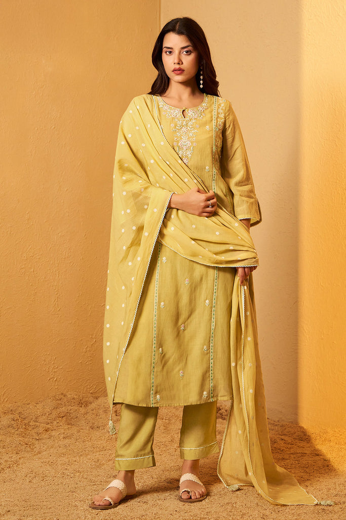 Lemon Yellow Chanderi Cotton Resham Embroidered Straight Suit Set