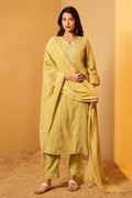 Lemon Yellow Chanderi Cotton Resham Embroidered Straight Suit Set