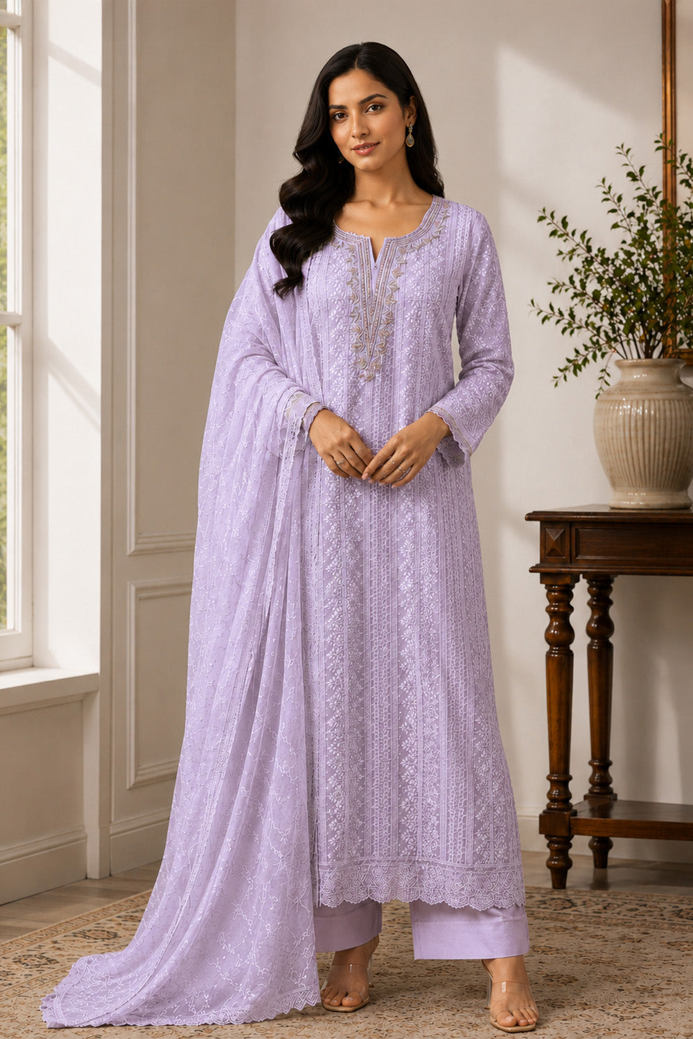 Lavender Georgette Chikankari Work Unstiched Suit