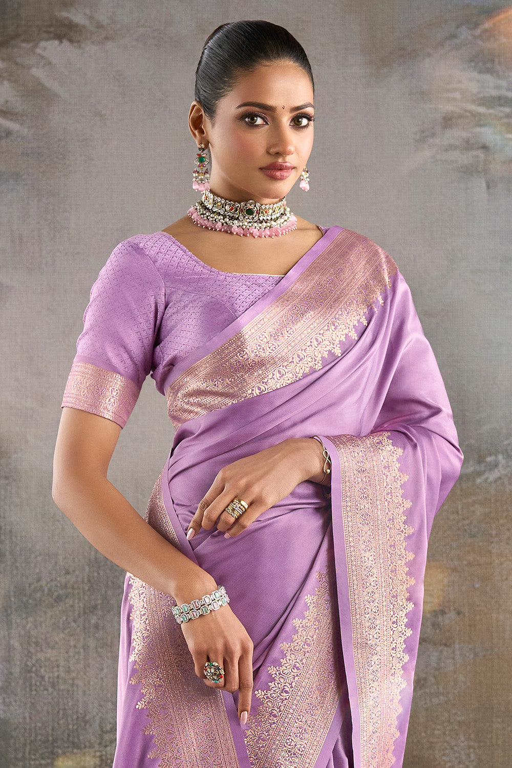 Lavender Zari Woven Satin Silk Saree