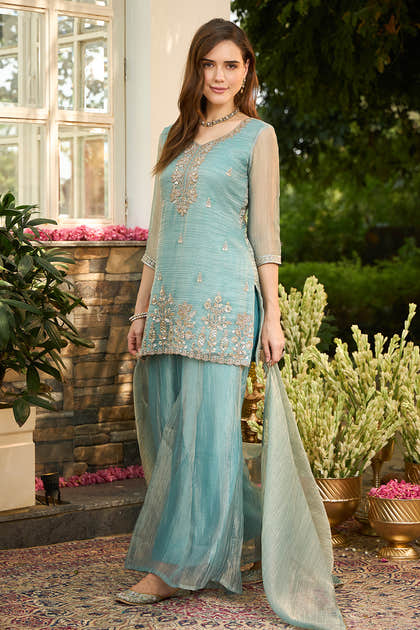 Turquoise Metallic Tissue Embroidered Suit With Palazzo