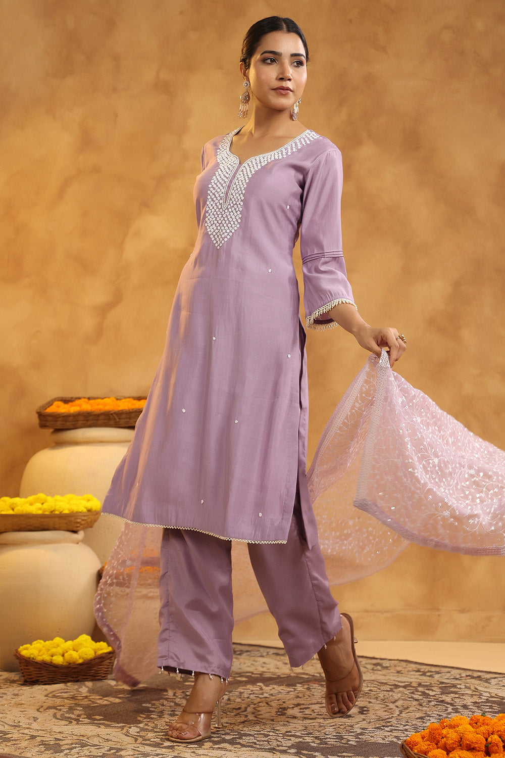 Light Lavender Color Cotton Neck Embroidered Unstitched Suit Fabric