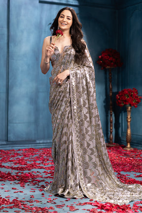 Grey Pure Georgette Sequins Embroidered Saree