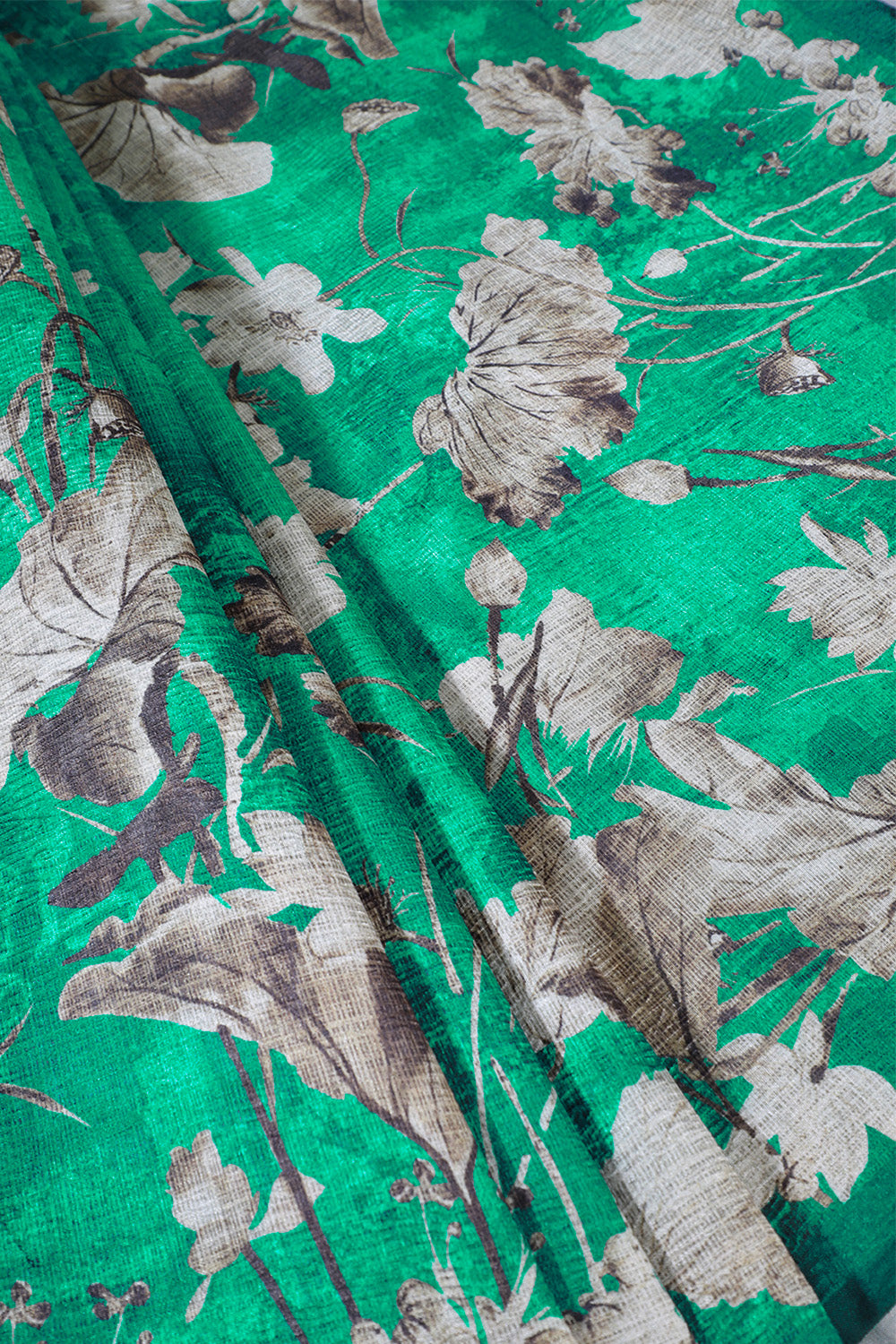 Teal Green Tussar Silk Floral Printed Saree