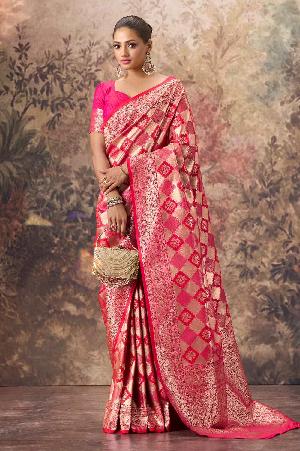Magenta & Red Silk Zari Woven Saree