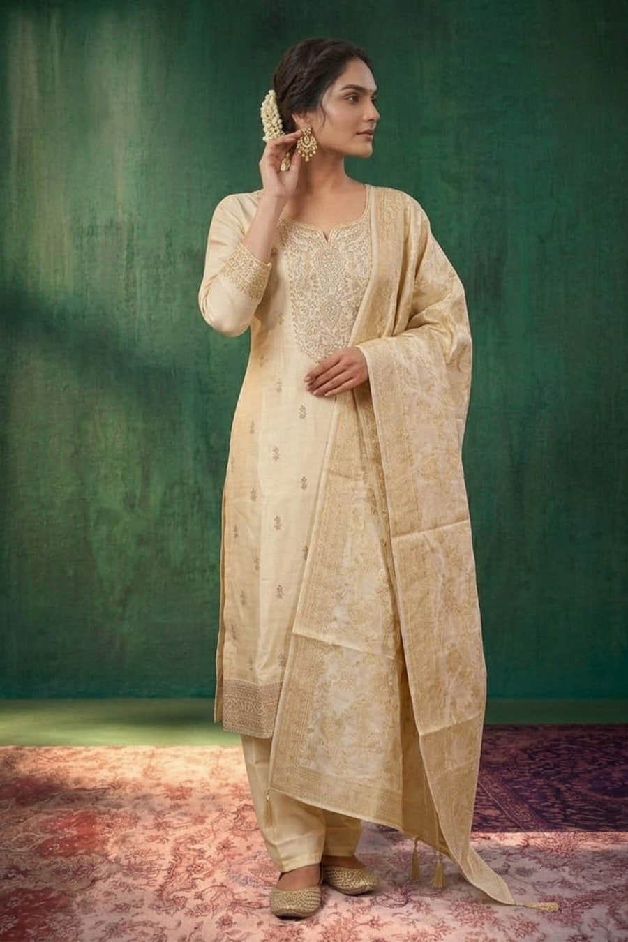 Cream Crepe Silk Zari And Sequins Embroidered Suit