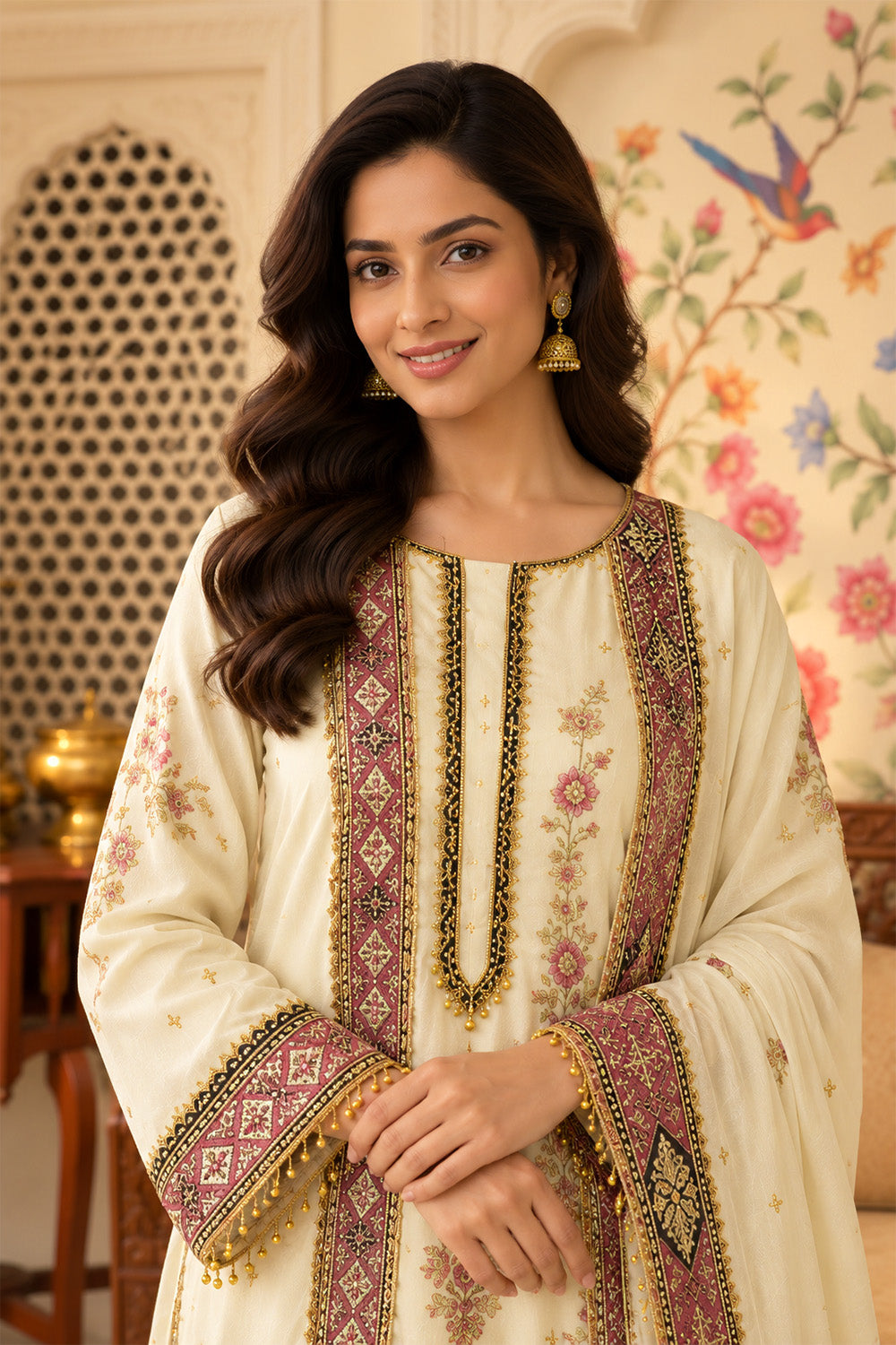 Cream Crepe Silk Printed And Handwork Suit