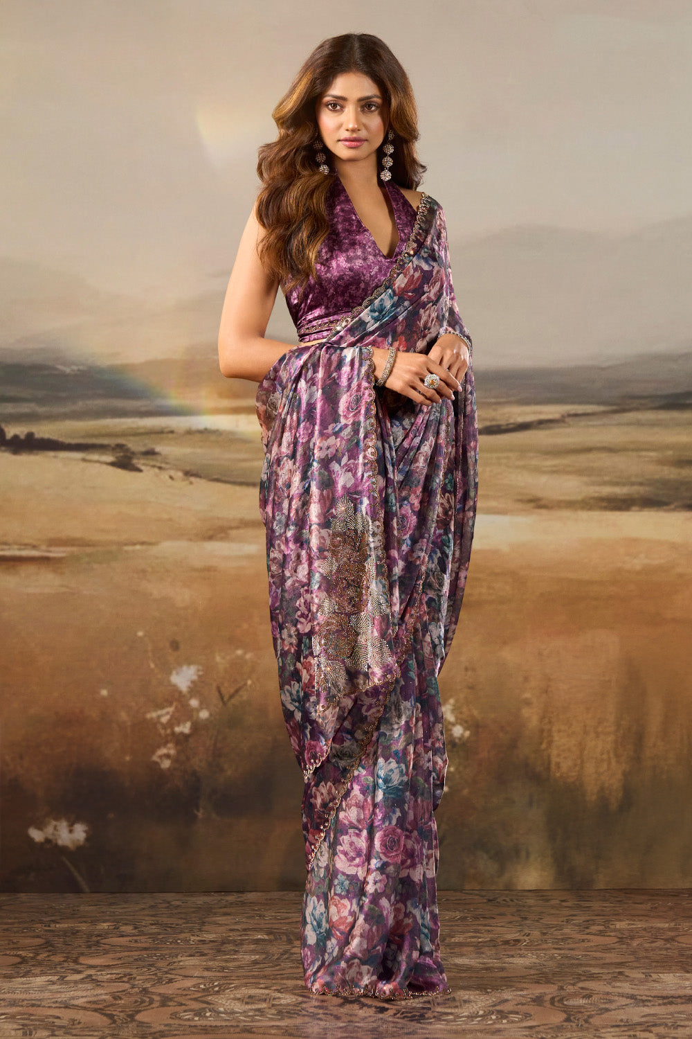 Violet Shimmer Floral Printed Saree with Swarovski Work on Border