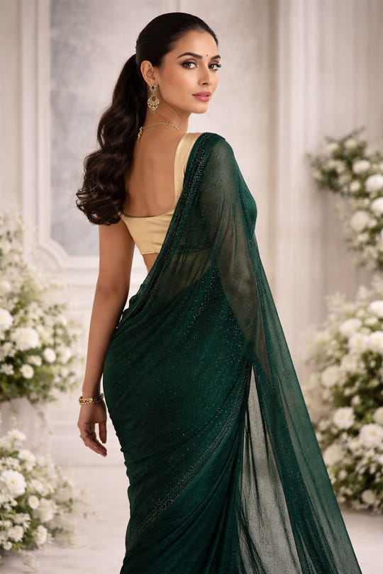 Green Color Satin Swarovski Work Saree