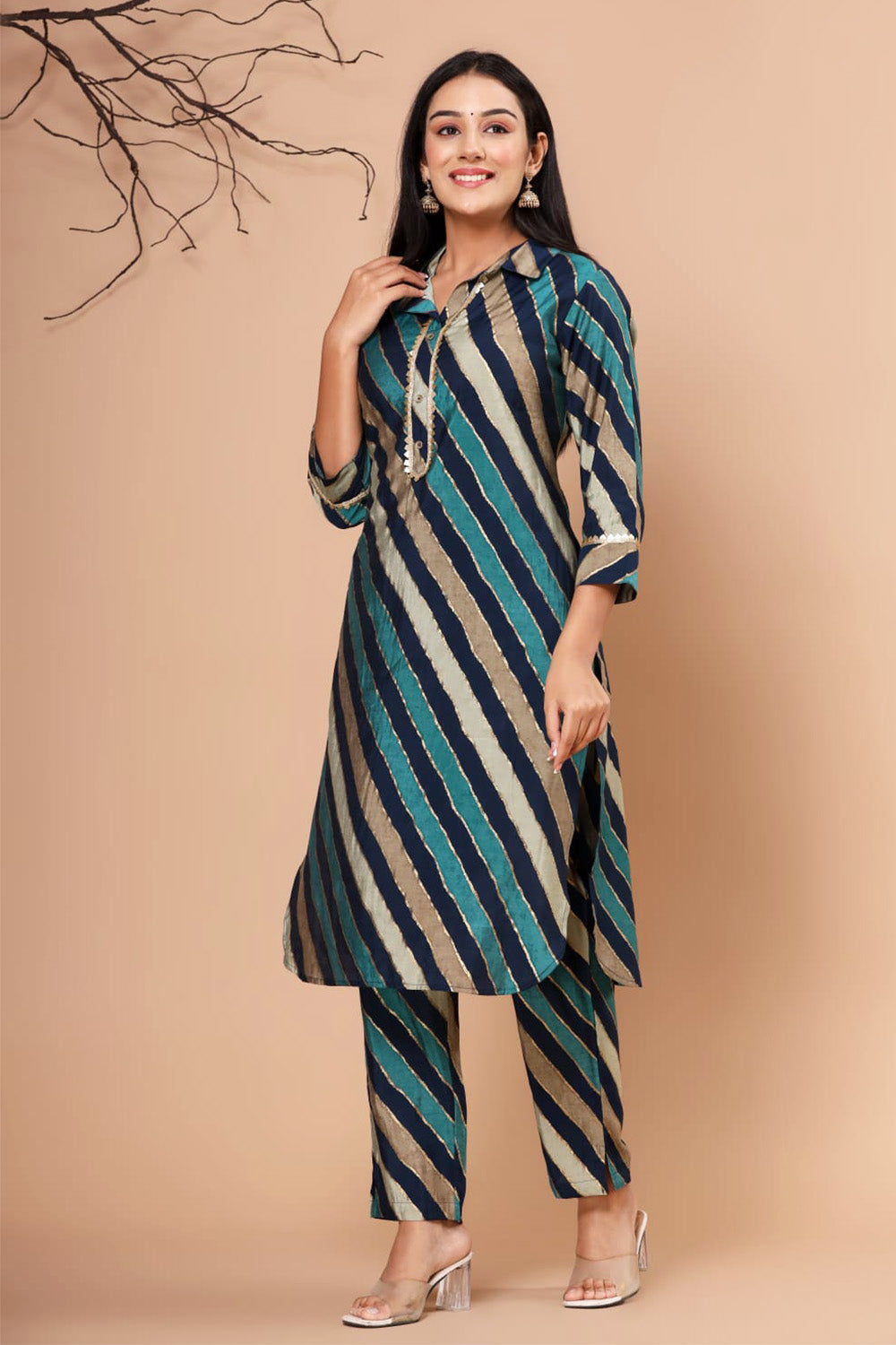 Teal & Navy Color Muslin  Printed Kurta Set
