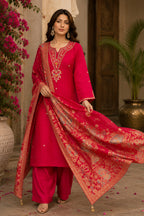 Rani Silk Embroidered Straight Suit With Banarsi Dupatta