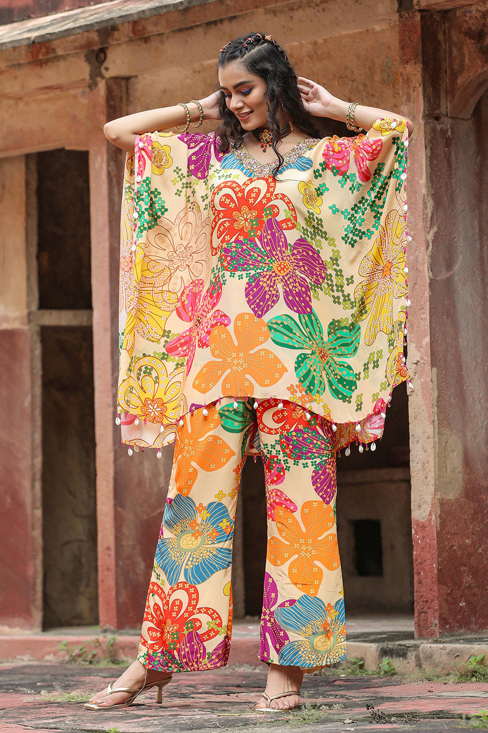 Beige Color Crepe Floral Printed Kaftan Set