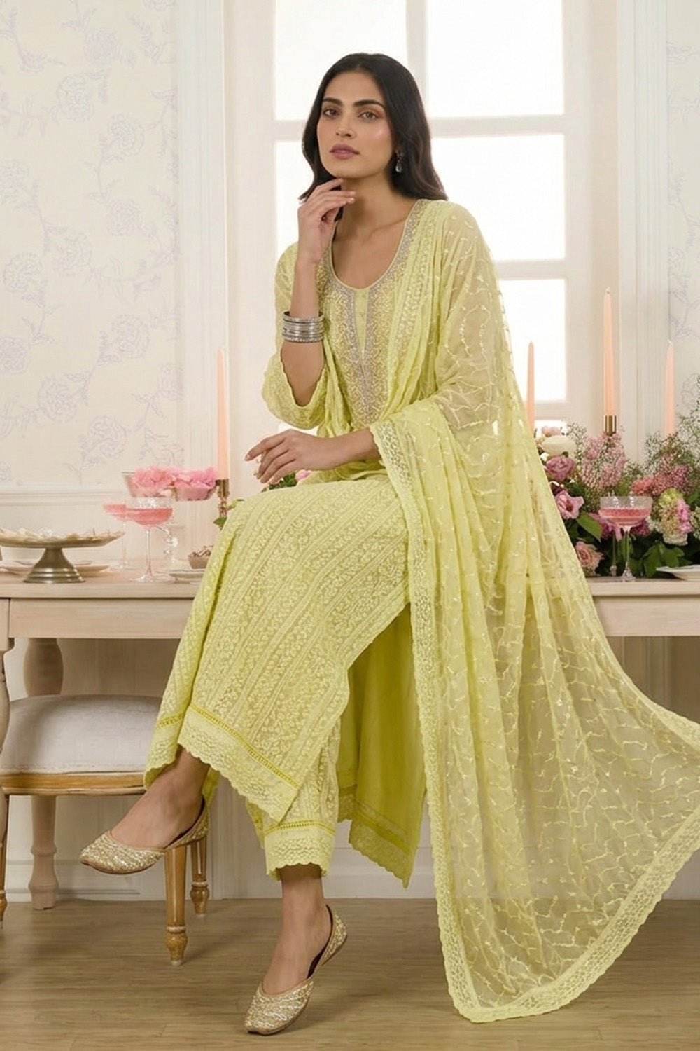 Lemon Yellow Georgette Chikankari Work Unstiched Suit
