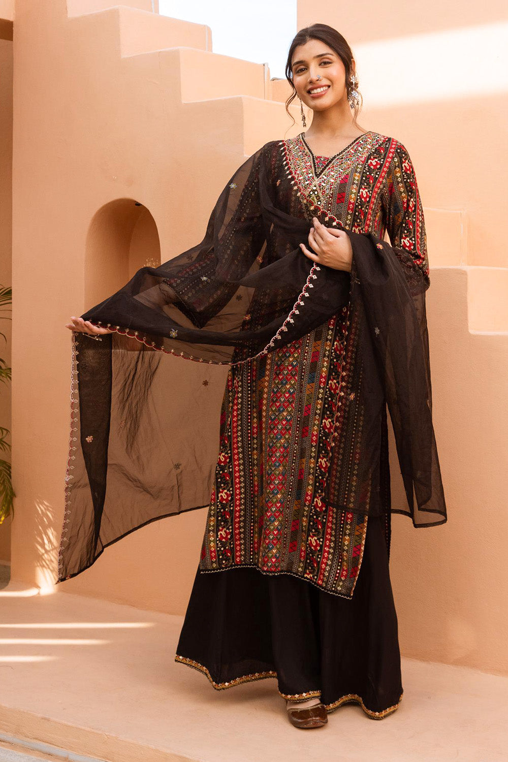 Black Color Rayon Cotton Printed Suit With Palazzo