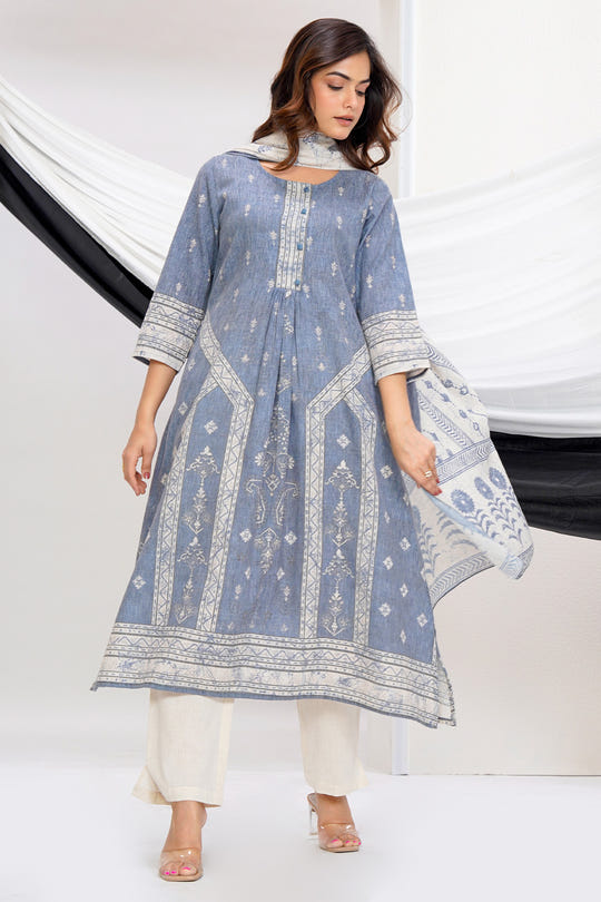 Grey Cotton Printed Suit Set