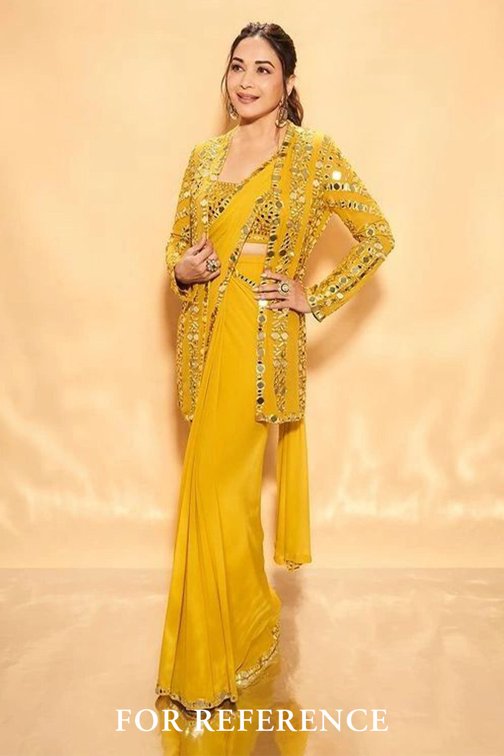 Mustard Color Georgette Mirror Embroidered Saree With Shrug