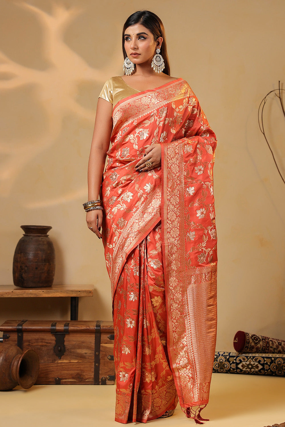 Dark Peach Zari Floral Woven Silk Saree