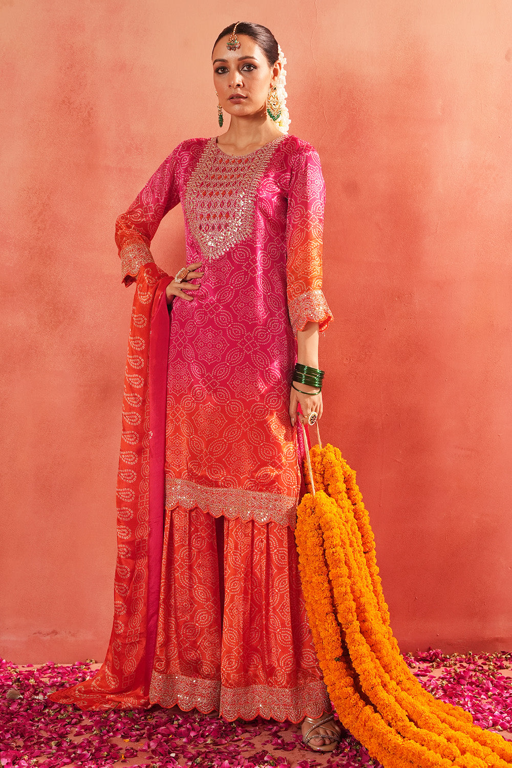 Fuchsia Pink Crepe Silk Bandhani Printed Suit With Gharara