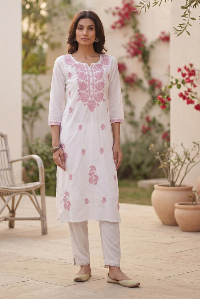 White & Pink Resham Embroidered Kurta