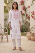 White & Pink Resham Embroidered Kurta