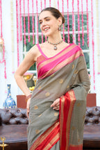 Black Chanderi Silk Printed And Zari Woven Saree