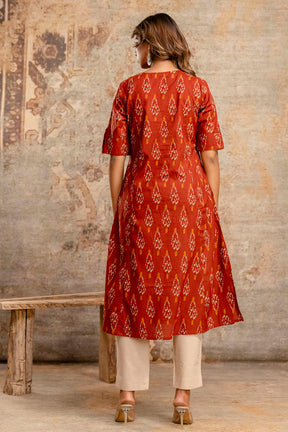Maroon Cotton Printed Kurta Set