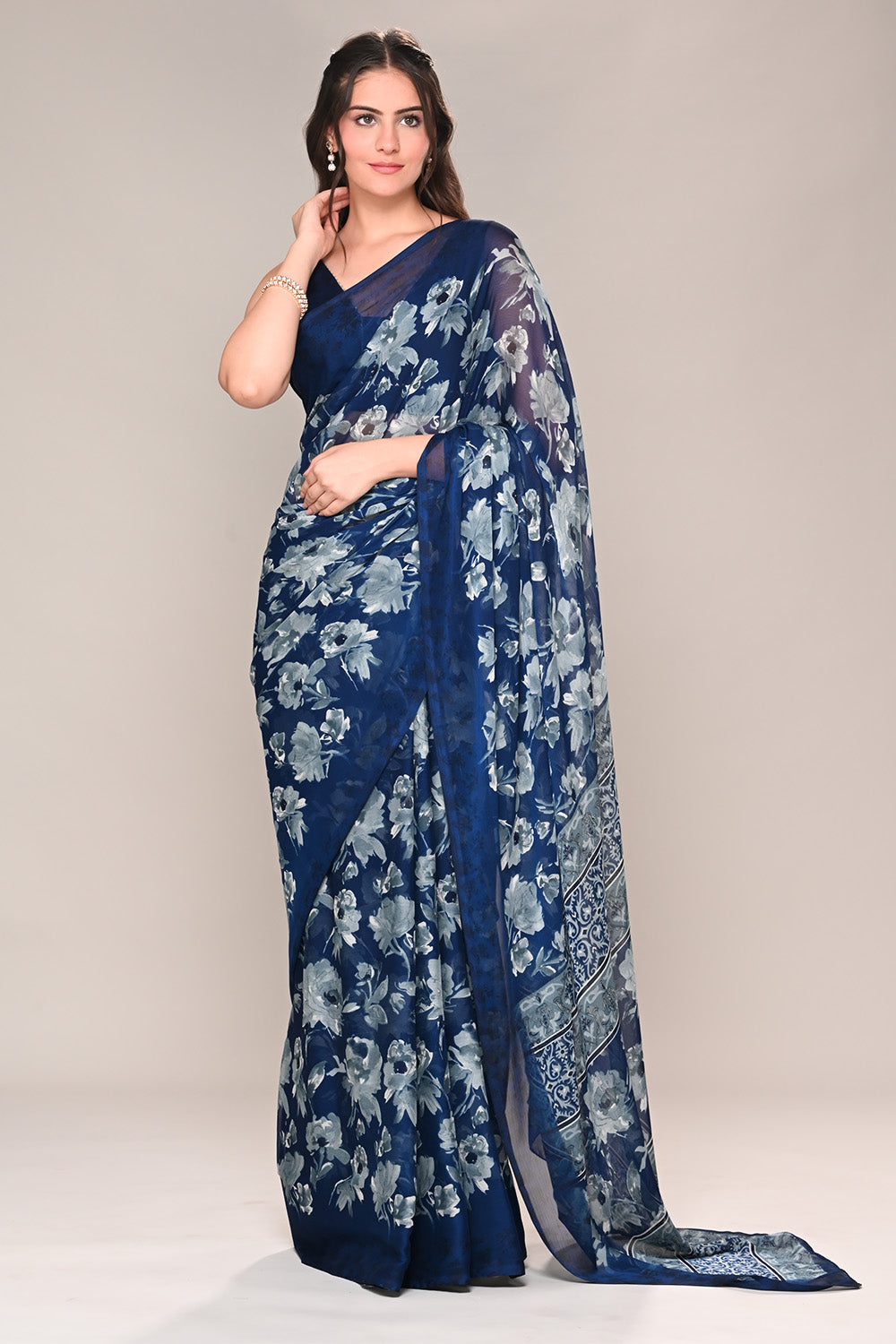 Navy Color Floral Printed Chiffon Saree