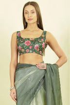 Ombre Sage Green Organza Saree With Mirror Work