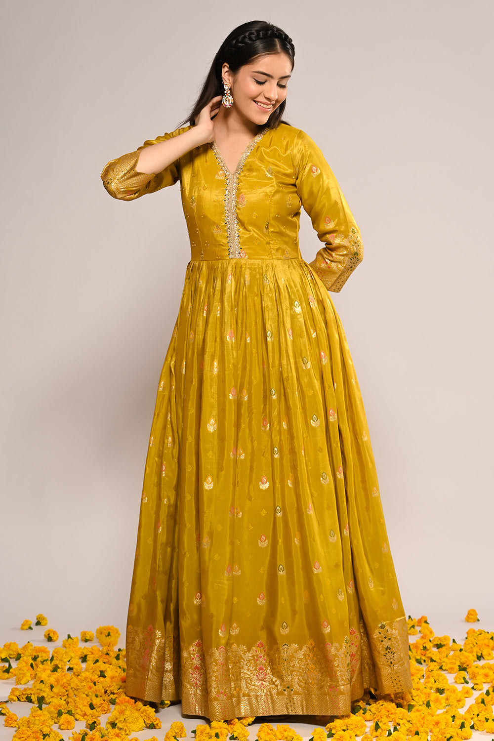 Mustard Color Mantellic Tissue Embroidered and Woven Anarkali Suit