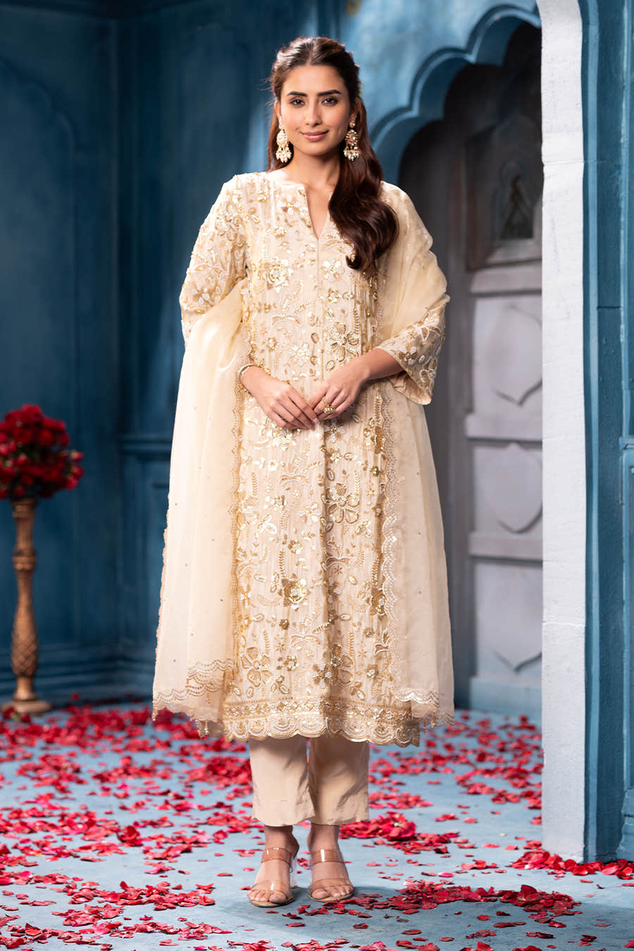 Cream Metallic Tissue Cut-dana And Sequins Embroidered Suits