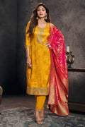 Mustard Silk Embroidered & Woven Suit Set