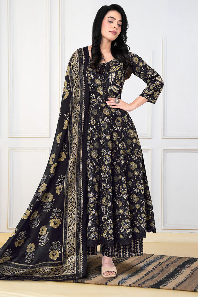 Dark Purple Cotton Floral Printed Anarkali Suit Set