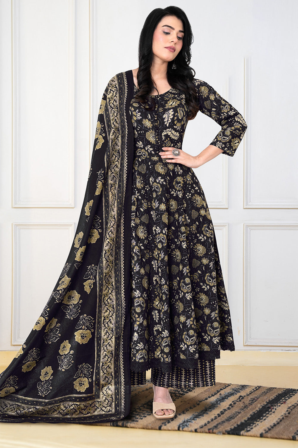 Dark Purple Cotton Floral Printed Anarkali Suit Set